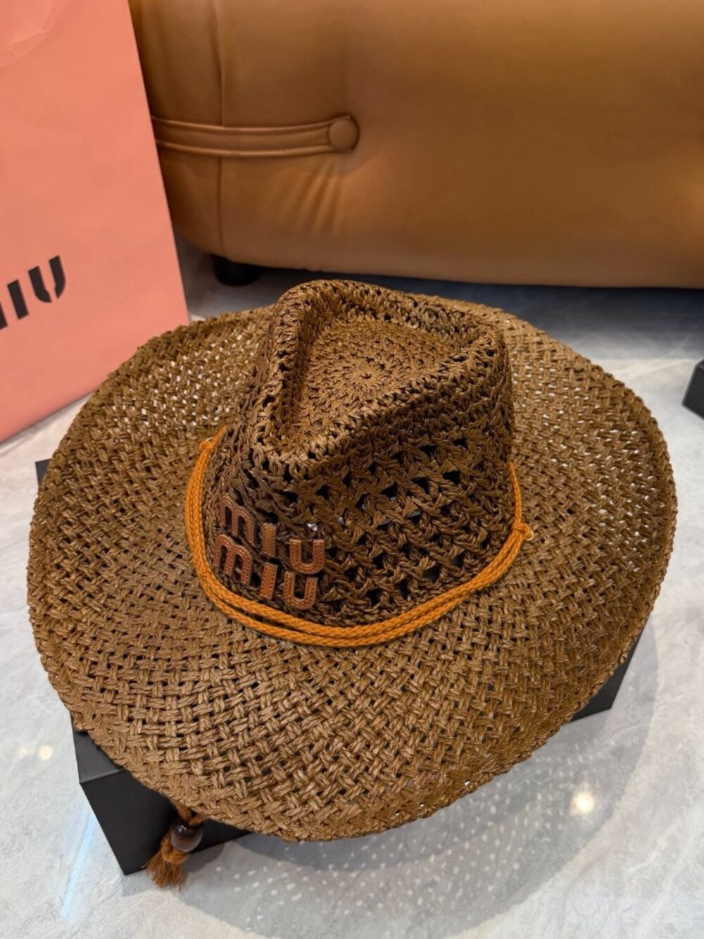 🤎Miu Miu Brown Woven Straw Cowboy Hat Tassel Chin Strap Logo Western Summer Sun - Picture 8 of 8